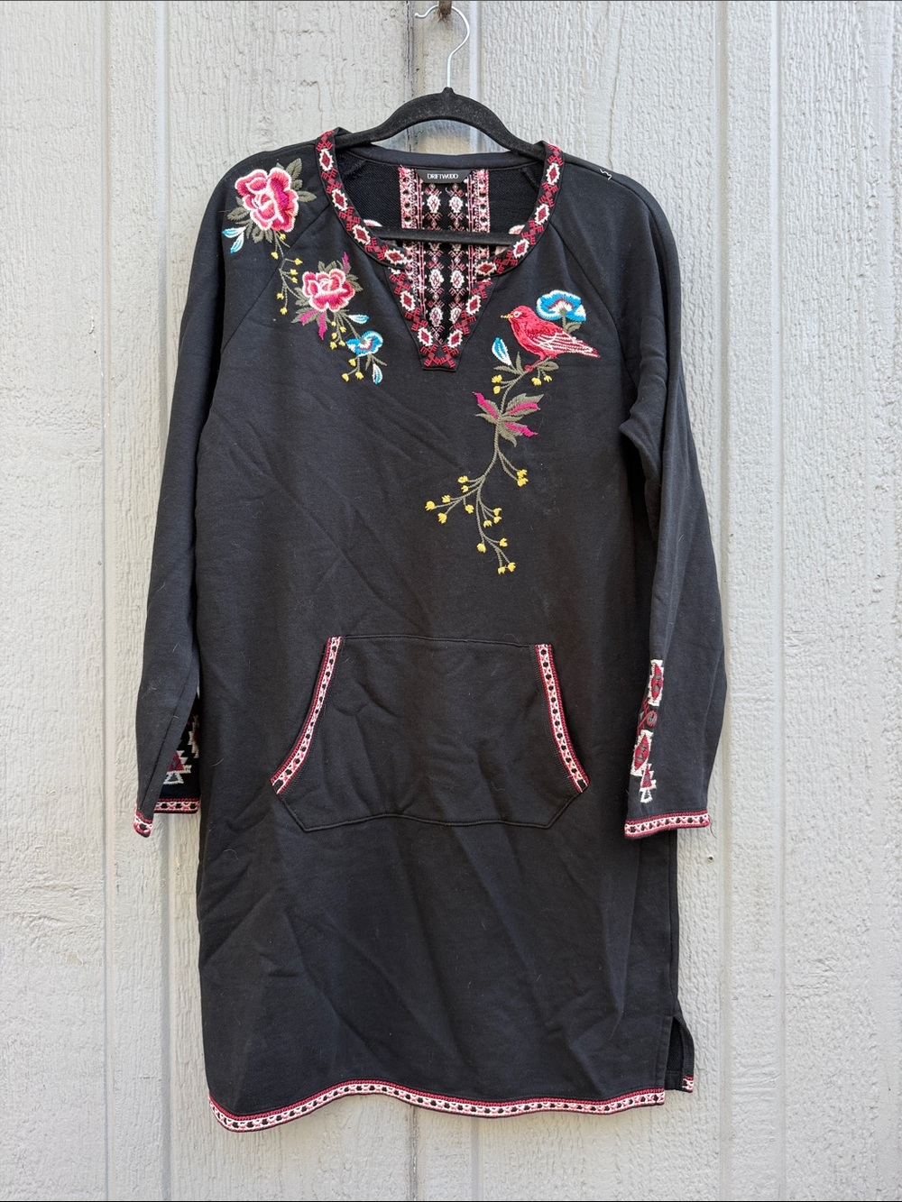 Driftwood Embroidered Black Tunic Dress with Floral & Bird Motif Size: XL